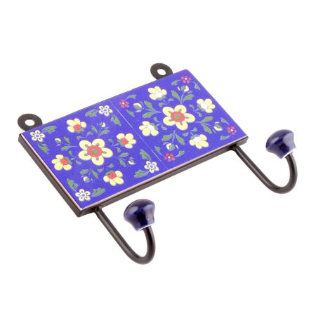 Navy Blue And Yellow Tiny Flower Ceramic Tiles Hooks
